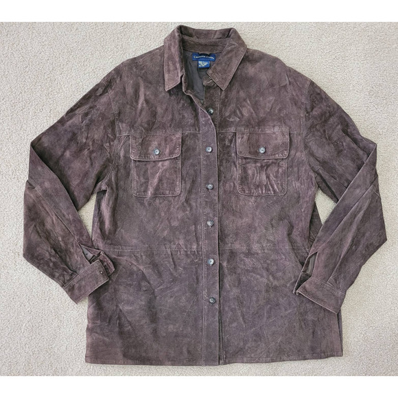 Charter Club Womens Dark Brown 100% Leather Button Up Shirt Jacket Size L Pocket - Picture 1 of 11